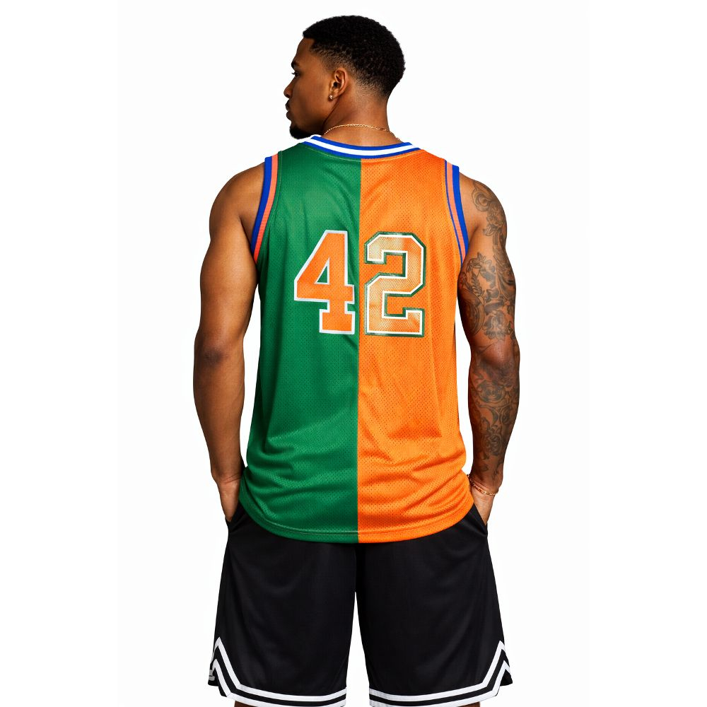 Two Tone Green and Orange Mesh Basketball Jersey